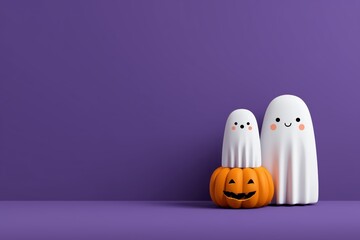 Charming cartoon ghosts stand together with a grinning pumpkin. The vibrant purple background adds whimsy.