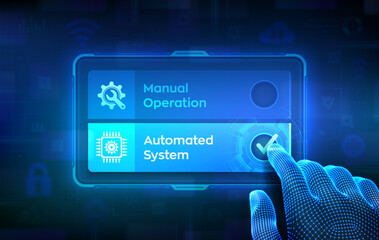 Manual vs automated system choice concept. Human control versus digital automation. RPA. Wireframe hand touching virtual screen with automated system button selected. Vector illustration.