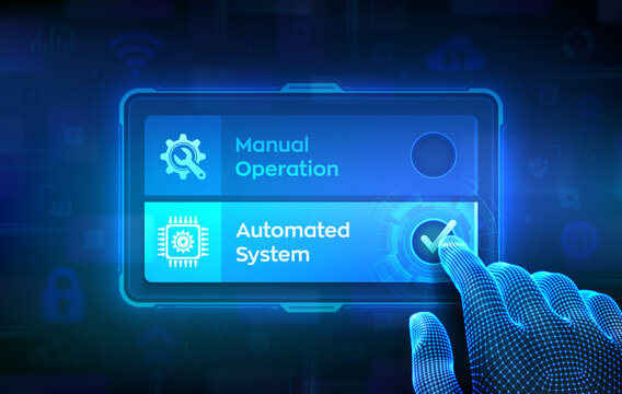 Manual vs automated system choice concept. Human control versus digital automation. RPA. Wireframe hand touching virtual screen with automated system button selected. Vector illustration.