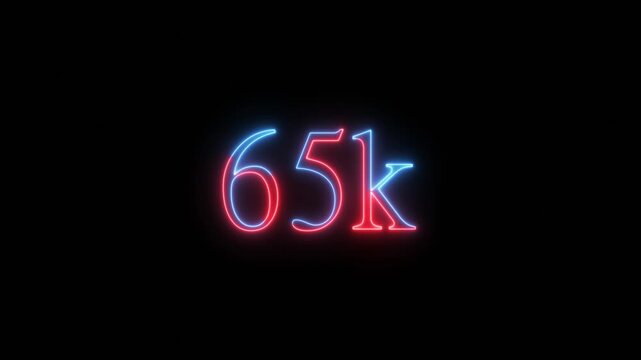 Glowing Neon 65k Number with Red and Blue Light on Black Background sixty five thousand count