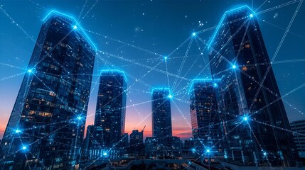 Futuristic cityscape with digital network overlay