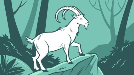 Illustration of a mountain goat in the forest nature wildlife animal with big horns climbing on rocks scene