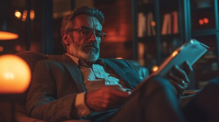 Businessman seated with diary and papers in an office setting.