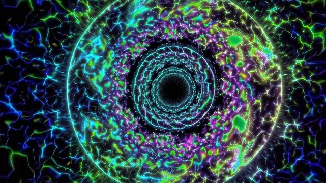 Abstract video of fractal tiny particles floating in space, futuristic visual background for nightclub, techno, drum & bass, and electronic music events.