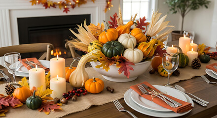 A thanksgiving dining table with pumpkins candles and fall leaves in a home setting decor arrangement ai generated