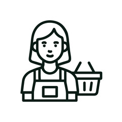 Obraz premium Outline icon of female store clerk or cashier with shopping basket, retail employee and customer service concept