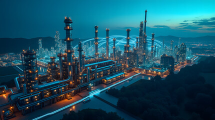 Fototapeta premium Vast Industrial Complex Illuminated by Nighttime Lights