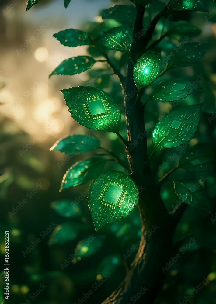 Poster close-up of green leaves embedded with glowing microchips, fusing nature and technology in a concept