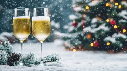 Two champagne flutes on snow with a Christmas tree background
