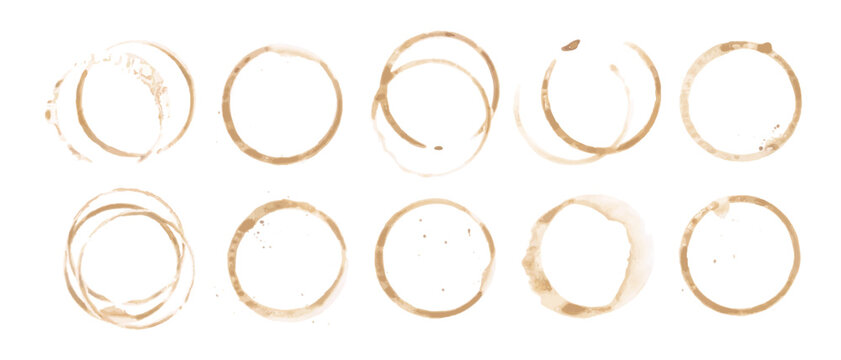 Coffee cup or tea stain drink ring vector illustration set isolated on white background. Coffee stain mark trace ring cup spot trace. Brown round splashes of drink collection.