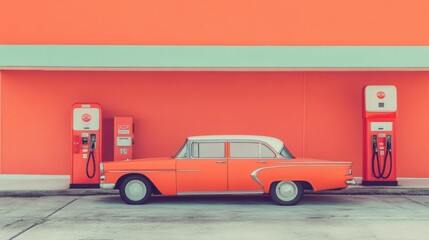 Orange vintage car parked at a red gas station in a nostalgic setting.