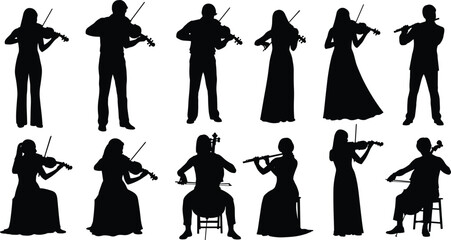 Silhouettes of musicians playing violin, cello, and flute in classical concert poses, elegant orchestral performers in black isolated style. © CreativeArtist