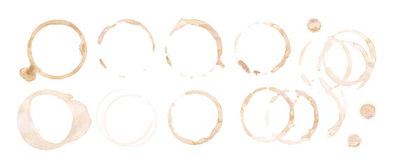 Coffee cup or tea stain drink ring vector illustration set isolated on white background. Coffee stain mark trace ring cup spot trace. Brown round splashes of drink collection.