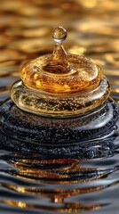 Captivating droplets create mesmerizing spirals in golden liquid during glowing sunset hours