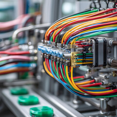 Industrial automation wiring system with colorful cables and connectors, modern factory technology
