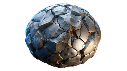 A sphere composed of irregular gray rocks with visible cracks and crevices on a white background isolated