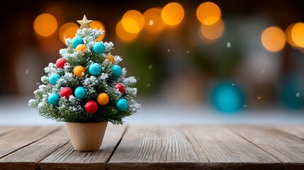 Festively decorated miniature Christmas tree with colorful ornaments and a star on top, placed on a rustic wooden table, creating a warm holiday atmosphere with blurred lights in the background