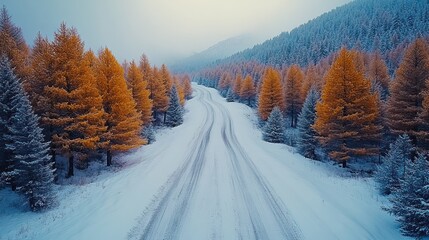 Snowy road winds through a forest of orange-hued trees