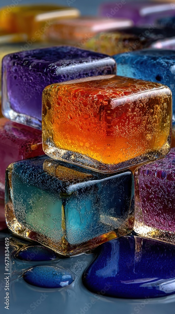 Poster vibrant ice cubes capturing light and color in a playful arrangement on a reflective surface while w