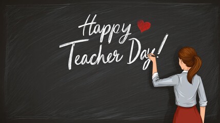 Teacher's Day: A person pens an inscription on a blackboard with a heartfelt message Happy Teacher Day!.