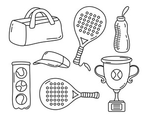 Padel sports equipment design set. Rackets, bag, cap, bottle of water, set of balls. Vector illustration.