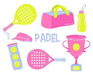 Padel sports equipment design set. Rackets, bag, cap, bottle of water, set of balls. Vector illustration.