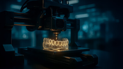 Close-up of a 3D printer in action, forming a translucent dental model layer by layer under soft warm lighting.