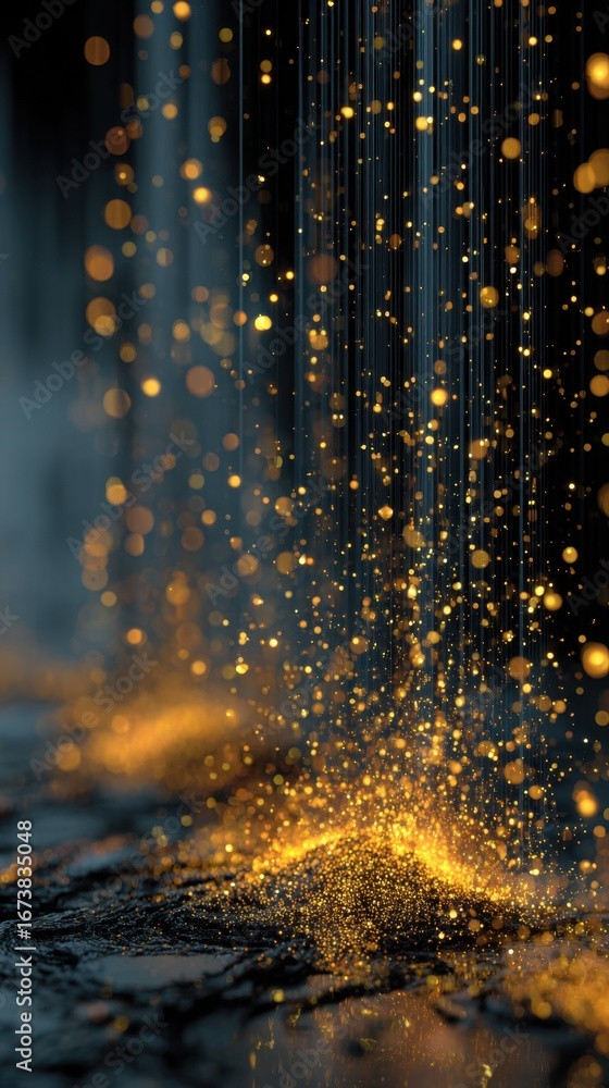 Poster golden droplets create a shimmering cascade in a mystical environment of light and shadow during the