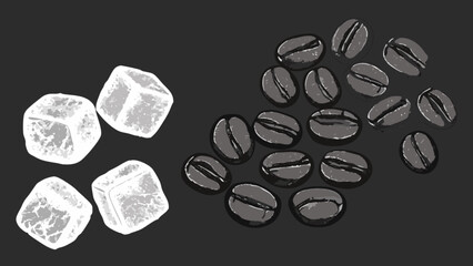 Illustration of coffee beans and sugar cubes for coffee time caffeine and sweet treat concept art design