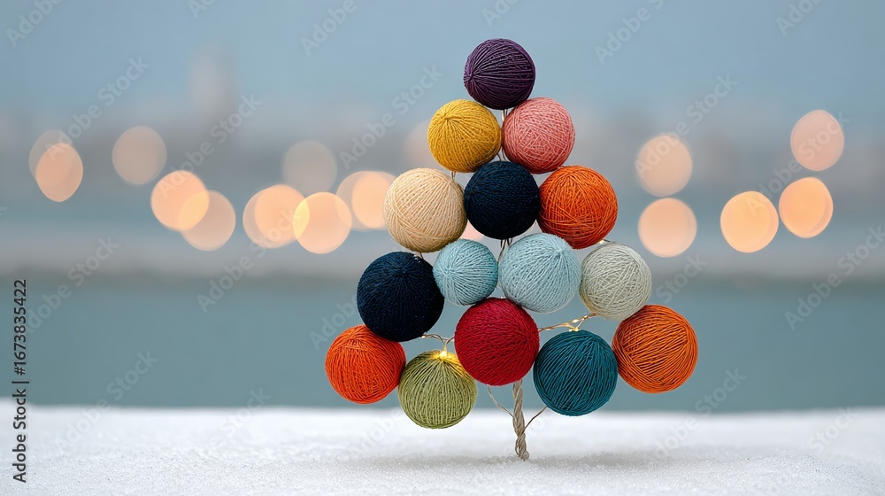 Poster colorful yarn balls arranged in a festive tree shape on a snowy surface, with soft bokeh lights in t