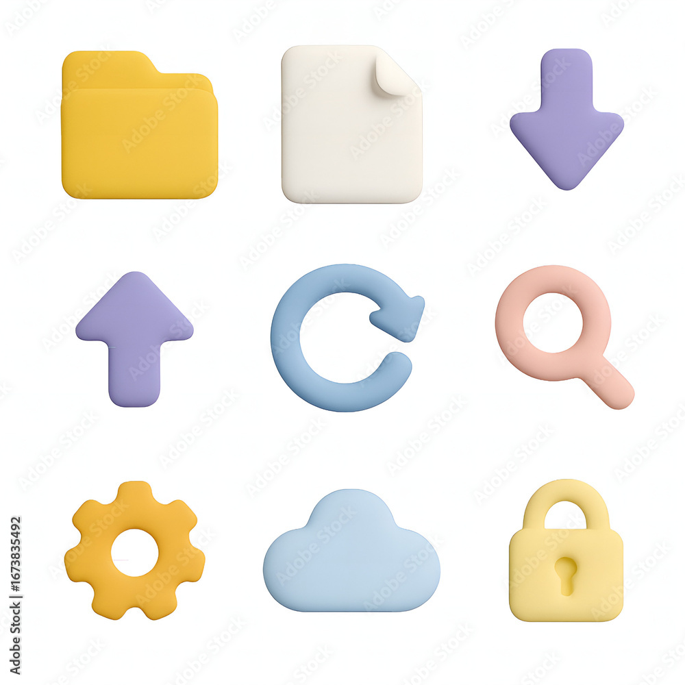 Aufkleber 3d rendered pastel color file management and system setting icons