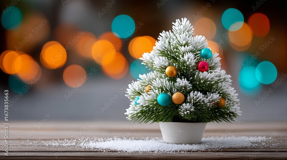 Poster Miniature Christmas tree adorned with colorful ornaments, placed on a wooden surface, surrounded by a soft layer of snow, creating a festive atmosphere with blurred bokeh lights in the background