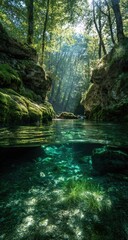 Sun-dappled forest stream, split view showing lush greenery above and crystal-clear water below, revealing smooth riverbed stones and aquatic plants