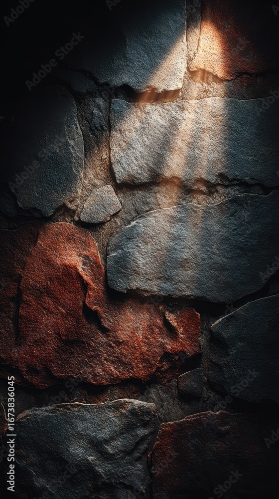 Aufkleber beautiful interplay of light and shadow on rustic stone wall creates an atmospheric setting in an an