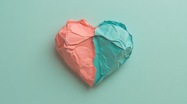 Torn paper heart on a split red and blue background, symbolizing broken love.