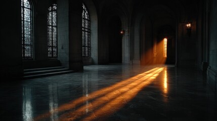 Golden light spills into a vast, shadowy hall revealing intricate details and the elegance of forgotten architecture