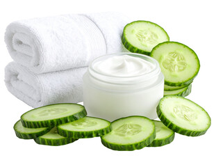 Fresh Cucumber Slices with Facial Cream and Towels, isolated on transparent background.