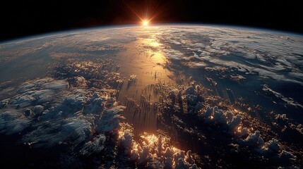 Majestic sunrise over the vast blue ocean, illuminating the clouds and earth in a radiant glow