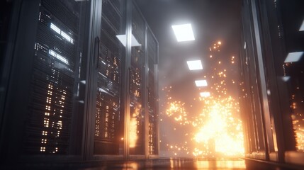 A server room with racks of equipment and a bright, fiery explosion of sparks and light illuminating the aisle