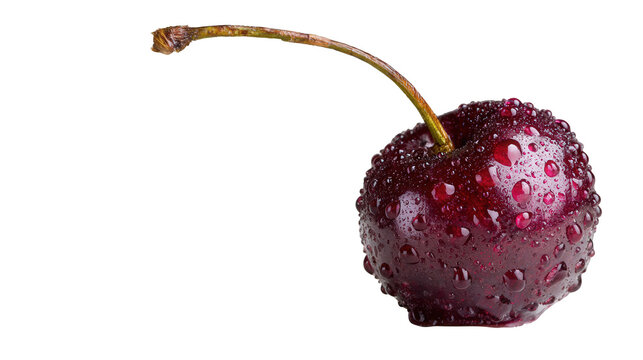 Single Ripe Red Cherry with Water Droplets on Dark Background