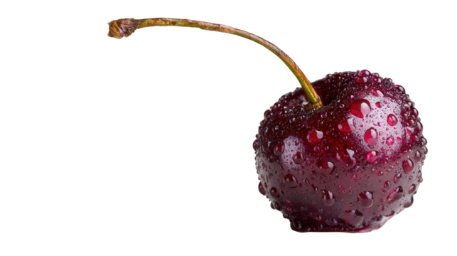 Single Ripe Red Cherry with Water Droplets on Dark Background