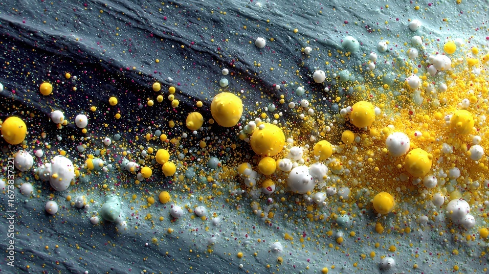 Poster colorful abstract composition with vibrant spheres spread across a textured background resembling a 