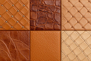 A collection of six square leather swatches, showcasing various textures and shades of brown, beige, and tan. Two of the swatches are quilted with studded accents.