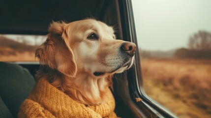 Golden retriever looking out a vehicle window, companionship.