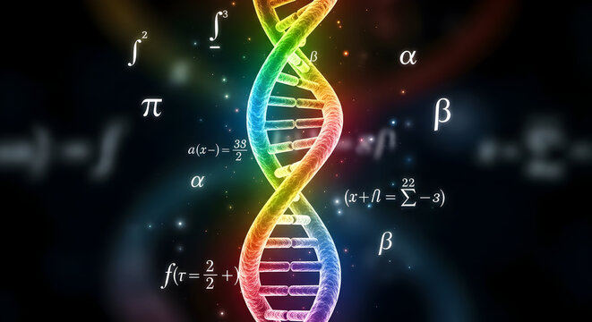 DNA Helix with Mathematical and Scientific Symbols — Glowing Double Helix Surrounded by Equations and Symbols Representing Genetics, Bioinformatics, Computational Biology and Scientific Discovery