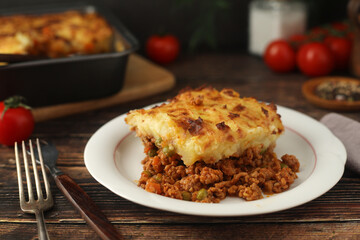 A shepherd's pie, freshly backed and ready to be served. Traditional English dish