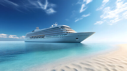 Cruise Ship at Tropical Beach, Luxury Ocean Voyage, Scenic Seascape Vacation on white modern cruise ship, azure waters, cloudscape, perfect for travel brochures or promotional materials