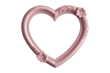 Decorative pink heart shaped picture frame with floral embellishments isolated on transparent background