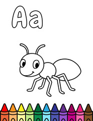 Cute ant coloring page with letter A. Fun and educational activity for kids to learn alphabet and animals while coloring. Simple cartoon design with crayons shown at bottom.
