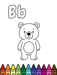 Cute alphabet coloring page featuring the letter Bb with a friendly cartoon bear. Perfect for kids learning the alphabet, animal names, and coloring fun. Great for preschool activities.
